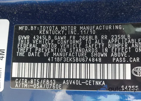 2011 Toyota Camry Le from USA, damaged, VIN 4T1BF3EK5BU674848
